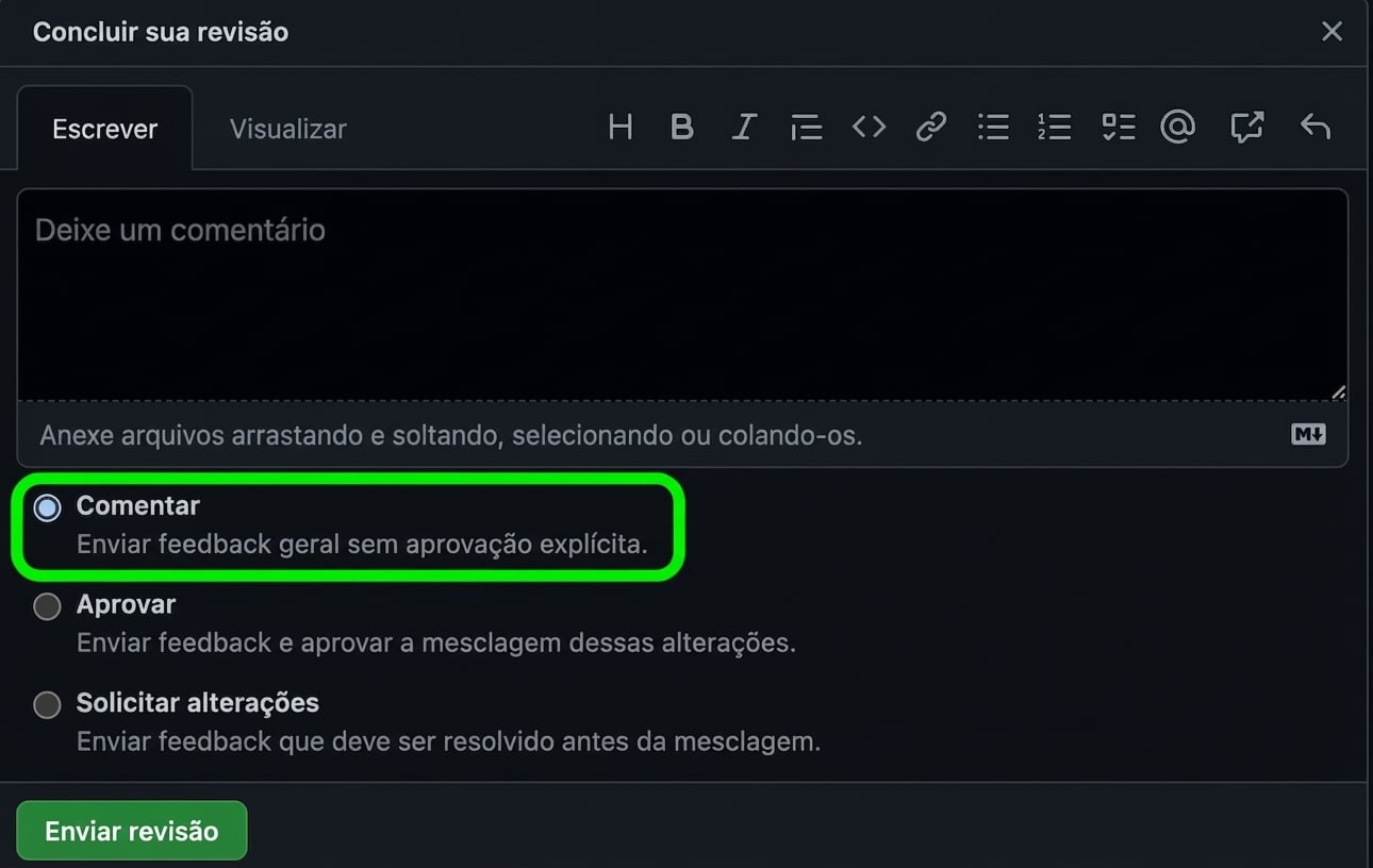 Close das opções de resposta a um PR com um círculo em Comment.