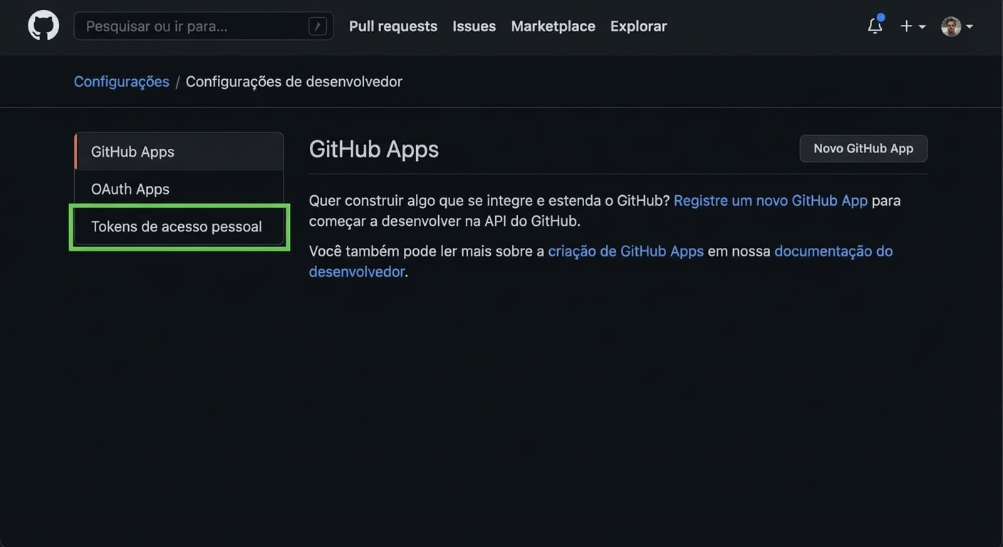 Página de Configurações de desenvolvedor com três opções: GitHub Apps, OAuth Apps e Tokens de acesso pessoal