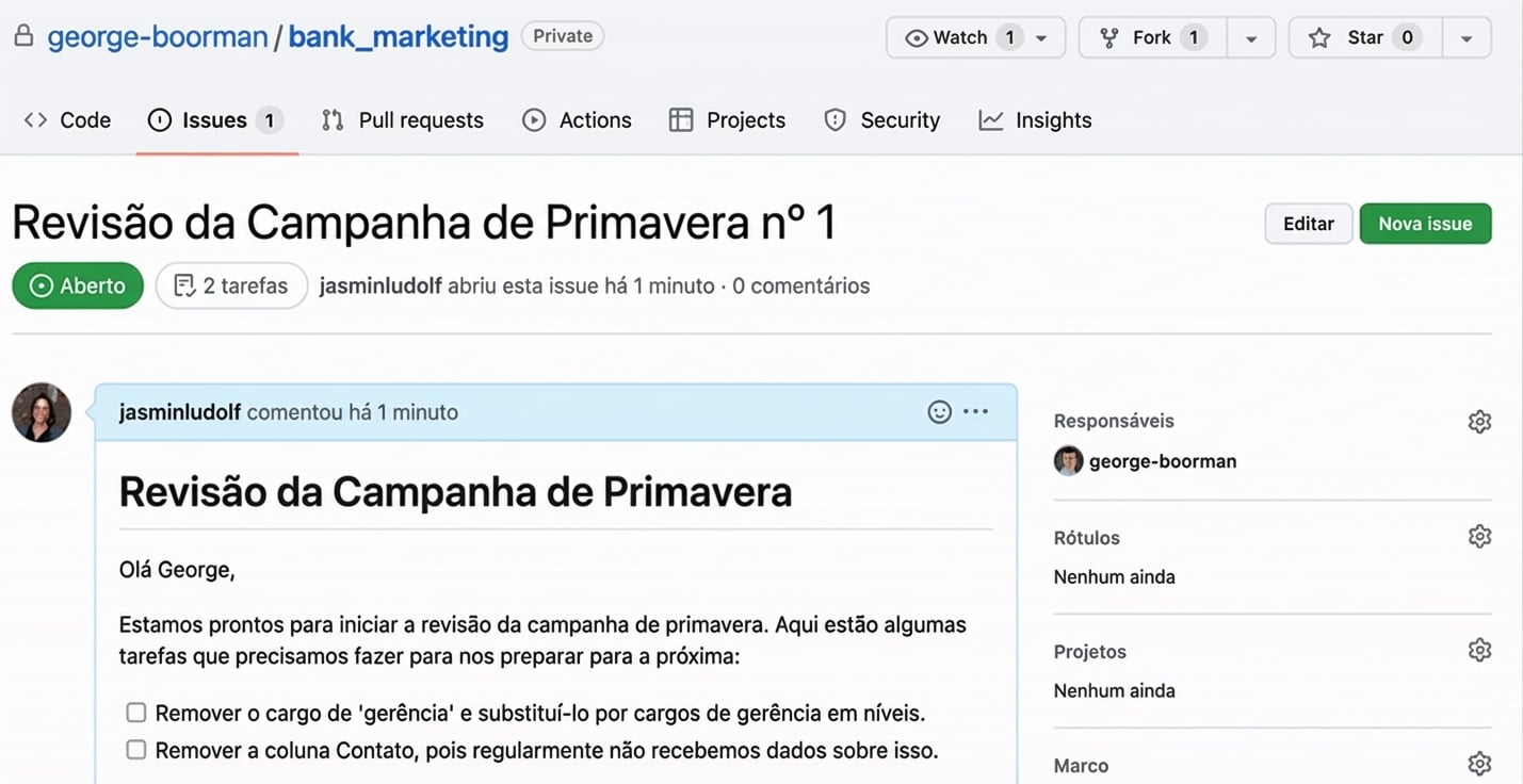 Animação mostrando como marcar um usuário em uma issue usando @ e o nome de usuário.