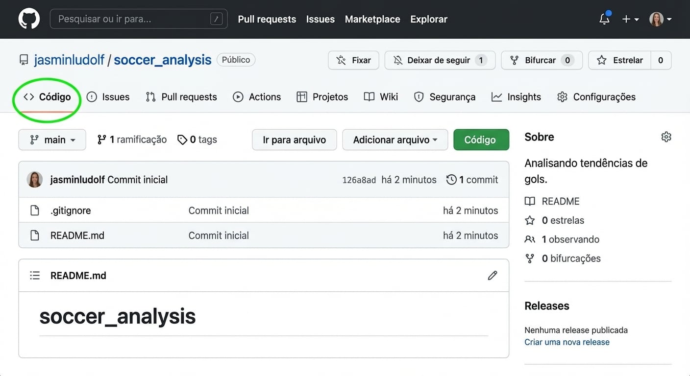 Repositório de análise de futebol com a guia Code destacada