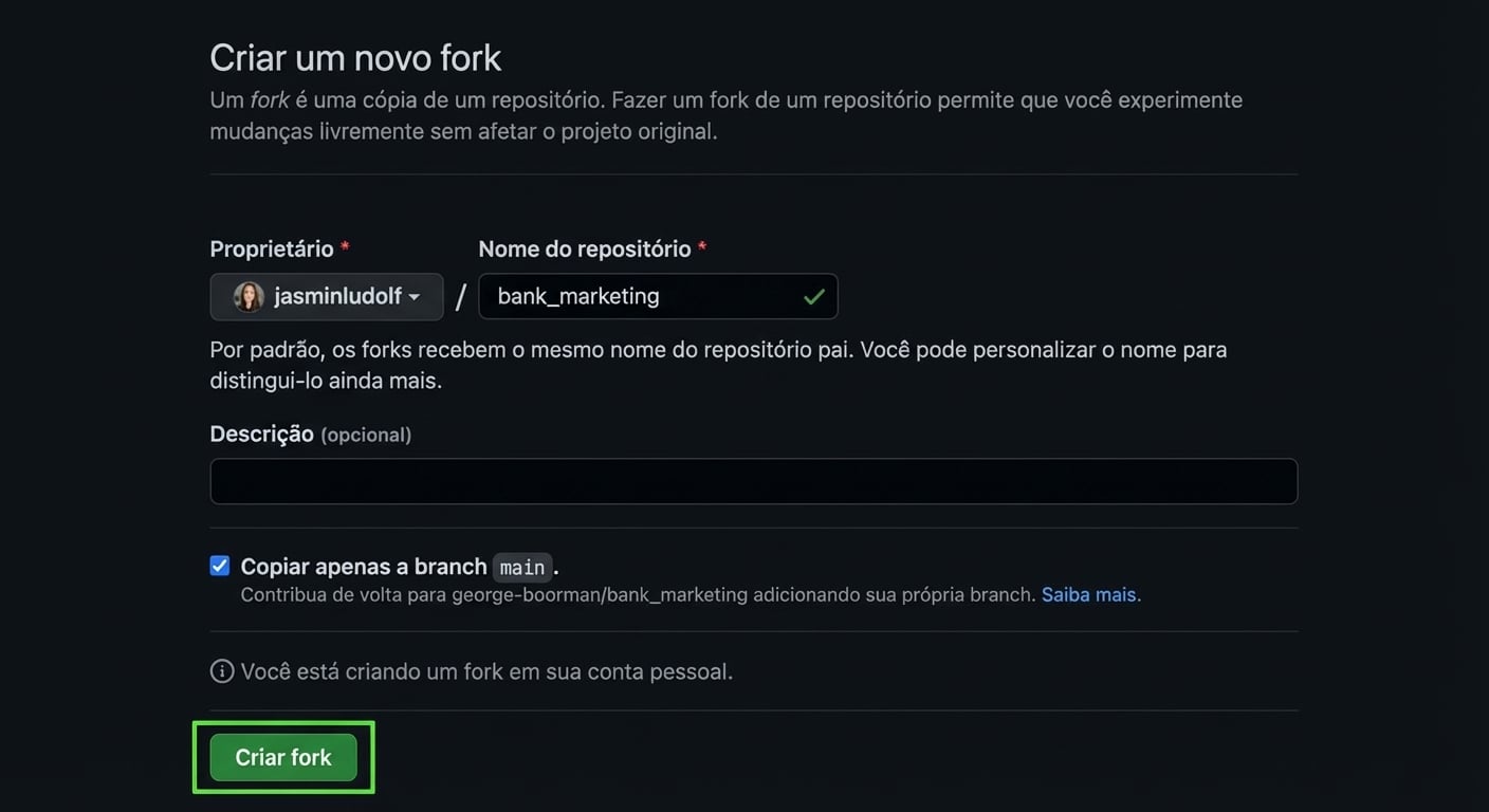 Visão da página de novo fork com o botão Create fork destacado