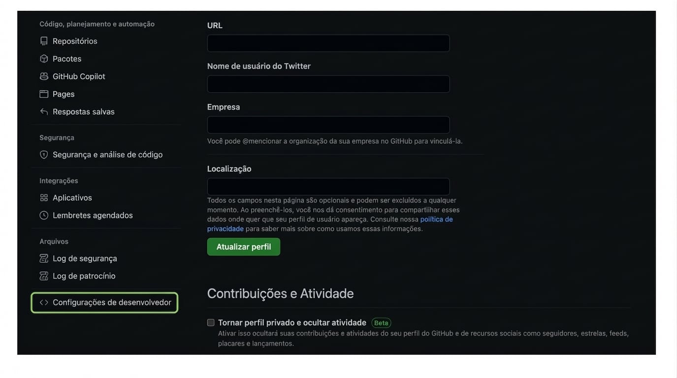Configurações de desenvolvedor na página de configurações