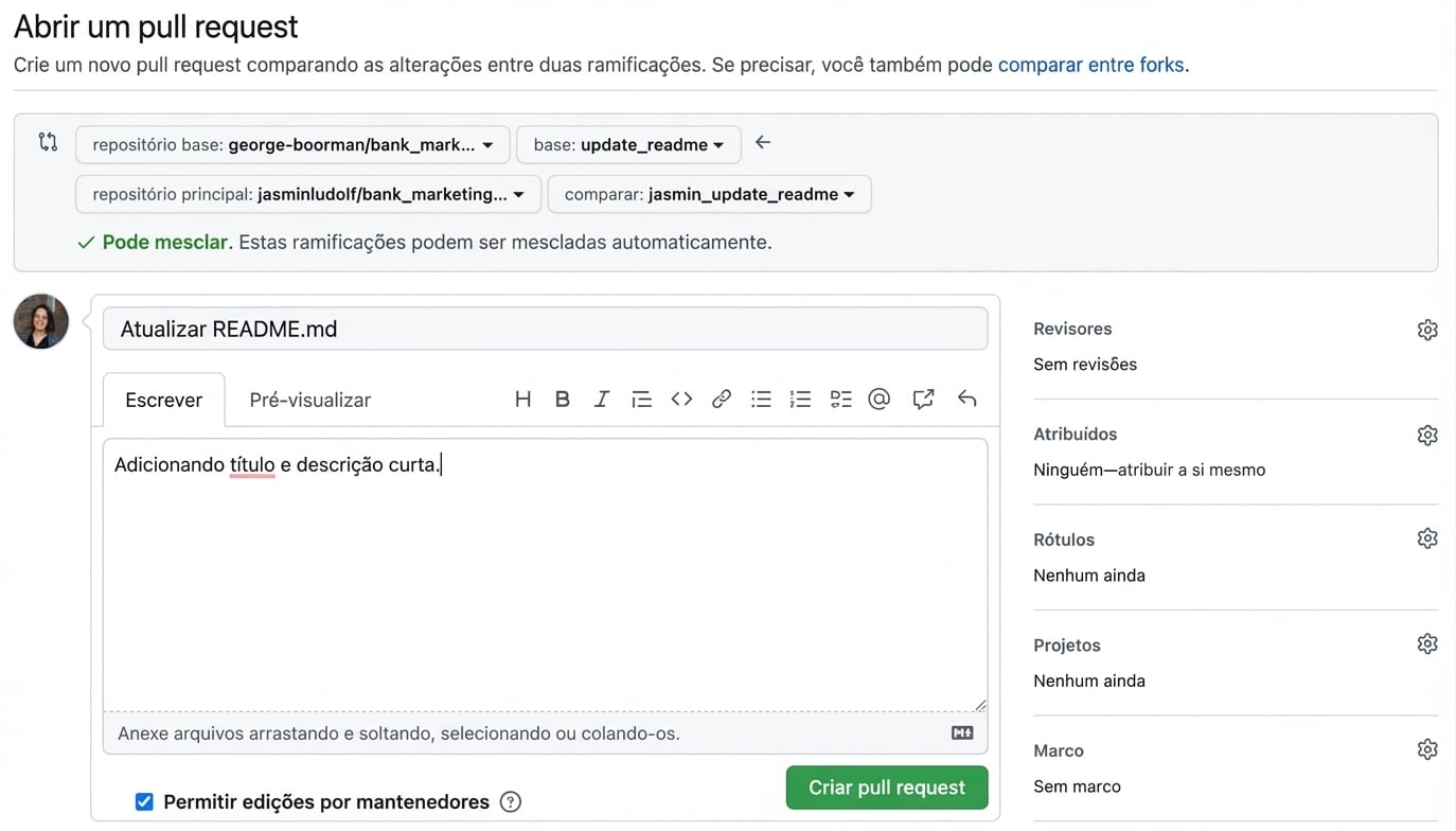 Tela para adicionar detalhes a um pull request