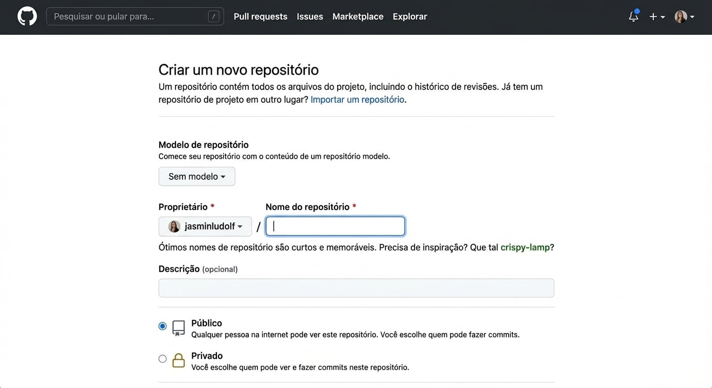 Animação da tela de criação de repositório com nome e descrição sendo preenchidos