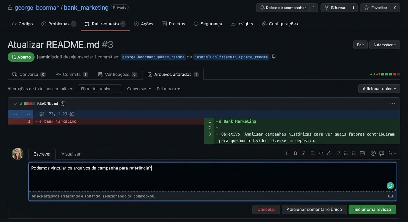 Visão do dono na aba Files changed de um PR com caixa de comentário para uma linha
