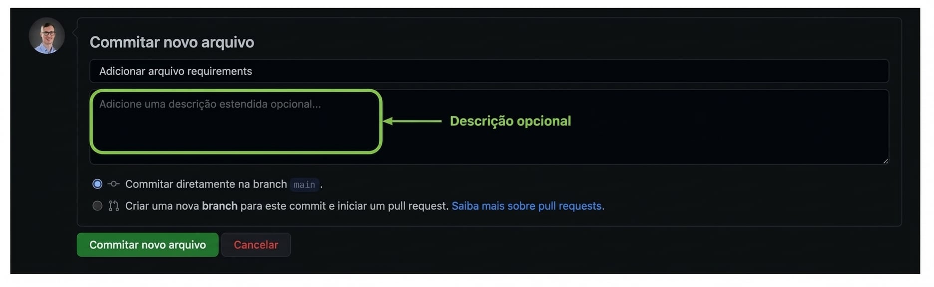 Caixa de texto de descrição estendida opcional deixada em branco