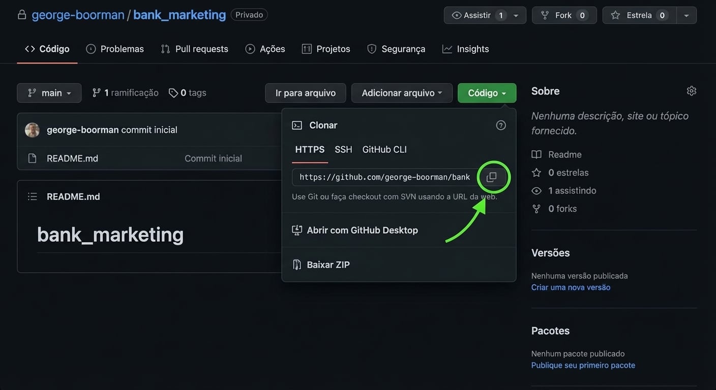 Visão do menu suspenso após clicar no botão Code em um repositório do GitHub, com o ícone de copiar destacado.