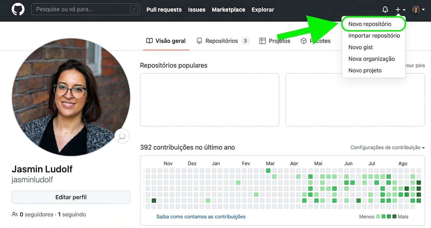 Visão do perfil no GitHub com uma seta verde apontando para New Repository em um menu suspenso.