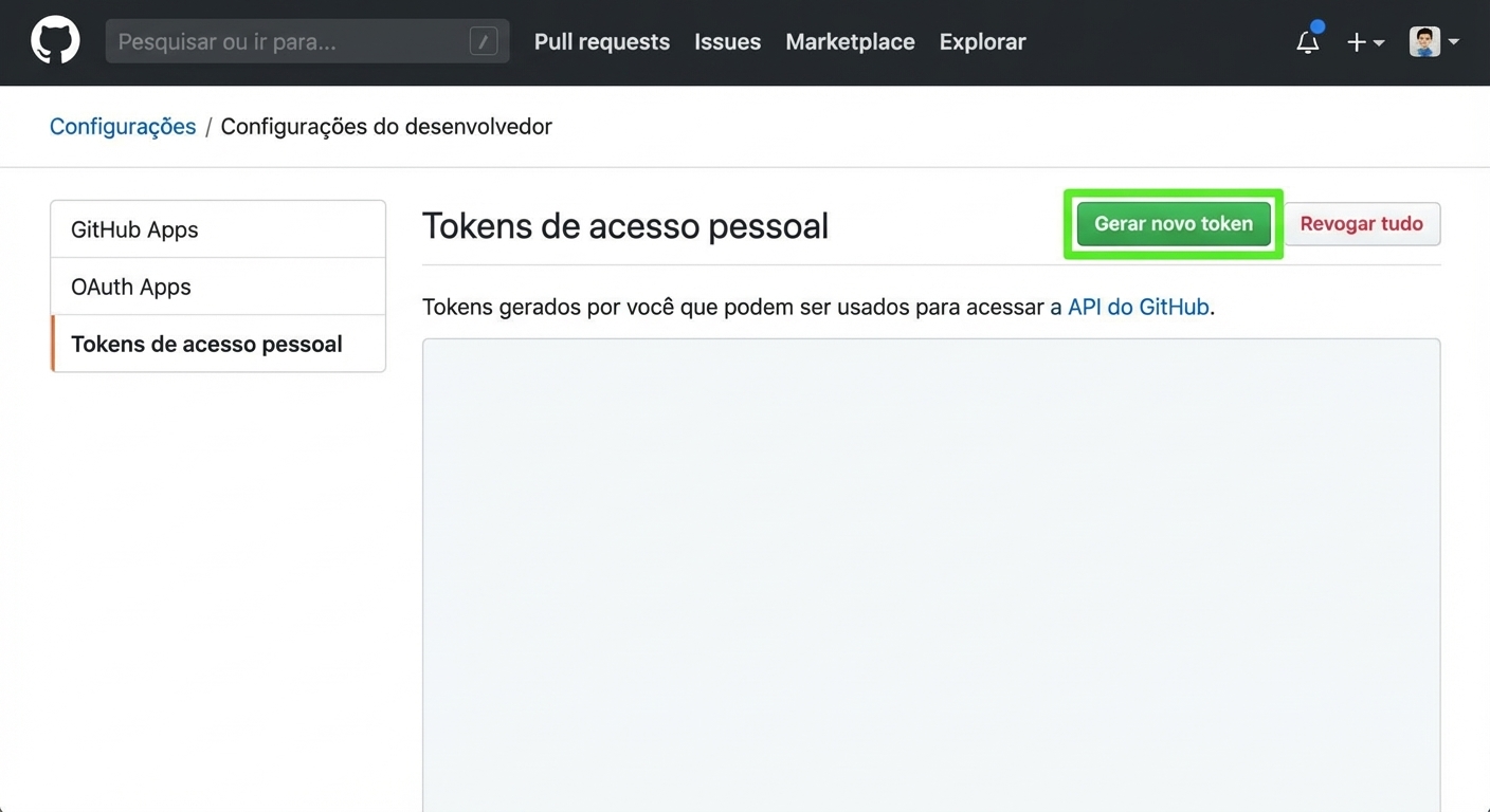 Seção Tokens de acesso pessoal, com um botão para Gerar novo token