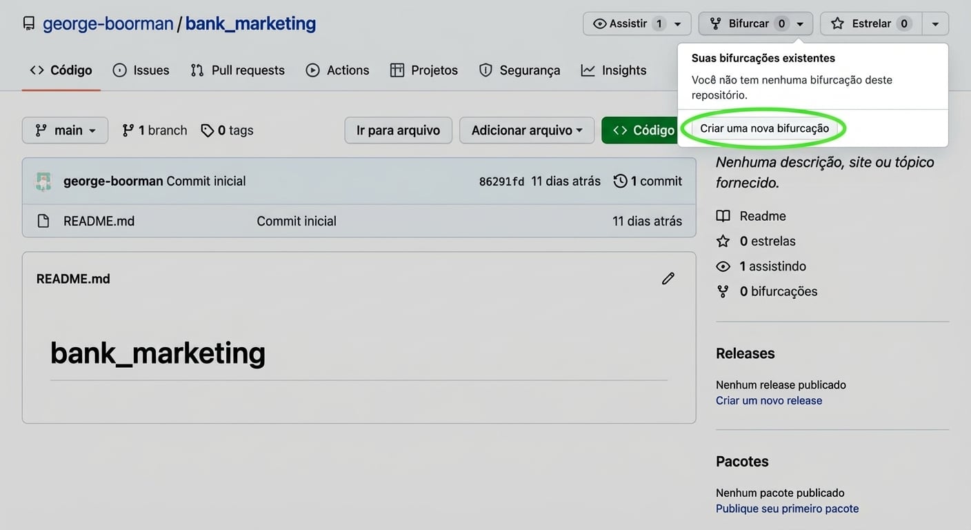 Captura da visão principal do repo privado de bank marketing, de George Boorman, com o menu do botão Fork aberto e o botão Create new fork destacado