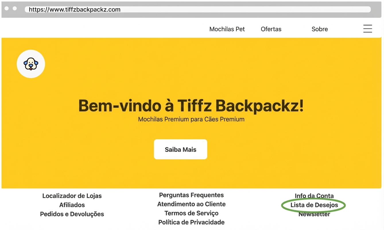 Lista de desejos da Tiffz Backpackz na página inicial