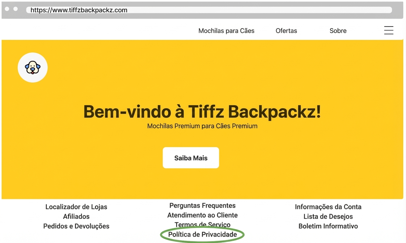 Política de Privacidade da Tiffz Backpackz na página inicial