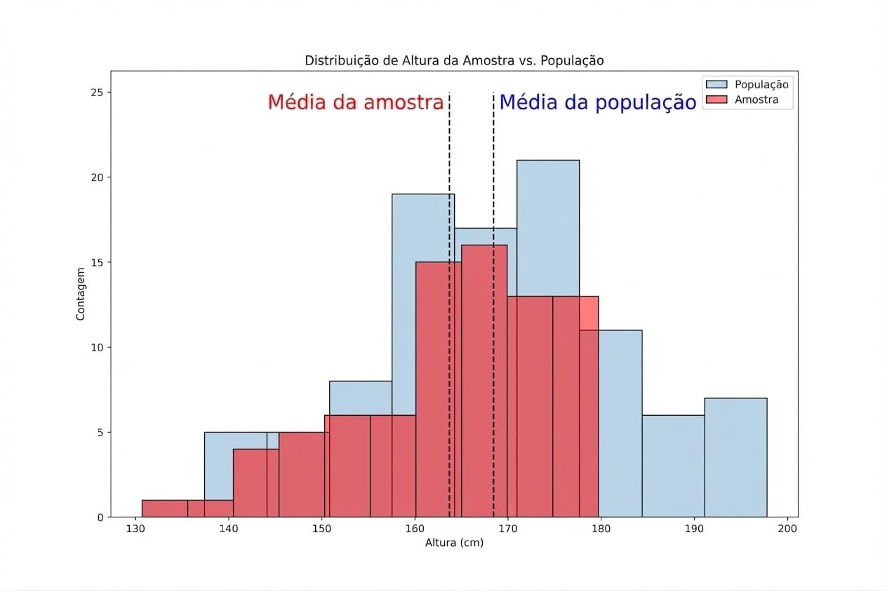Distribuição da altura da amostra versus população, mostrando que a amostra tem um máximo e uma média mais baixos