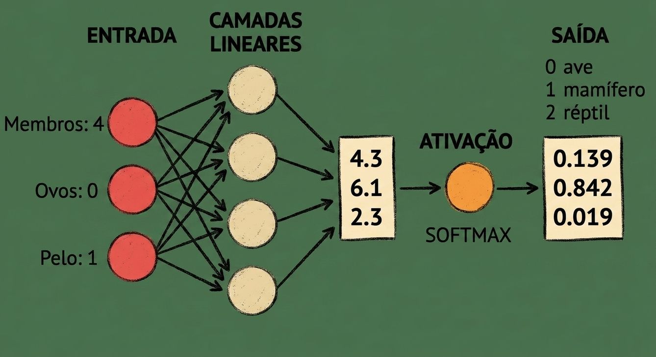 Diagrama de parte de uma rede neural com entradas, um vetor como saída para as camadas lineares, uma função de ativação softmax e uma saída