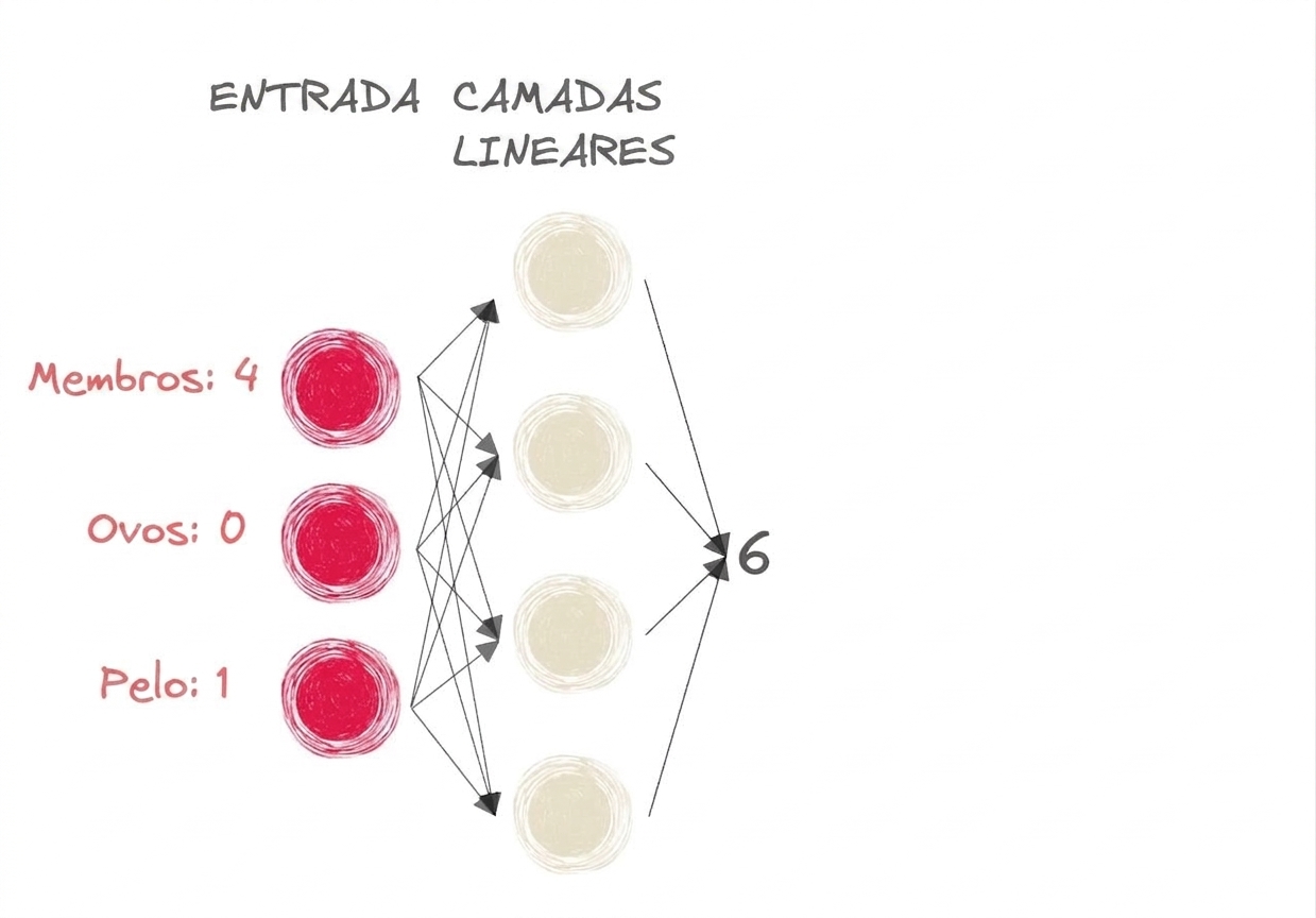 Diagrama de parte de uma rede neural com entradas e o número 6 como saída para as camadas lineares