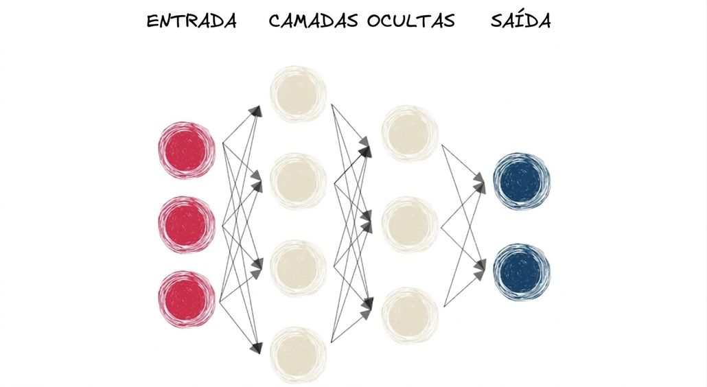 Um diagrama que representa uma rede neural com entrada, camada oculta e saída