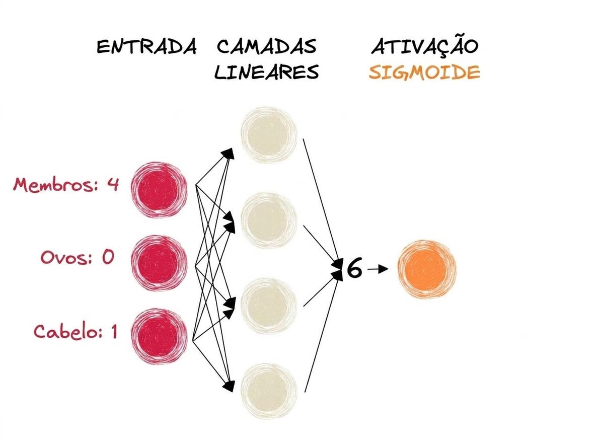 Diagrama de parte de uma rede neural com entradas, o número 6 como saída para as camadas lineares e uma função de ativação sigmoide