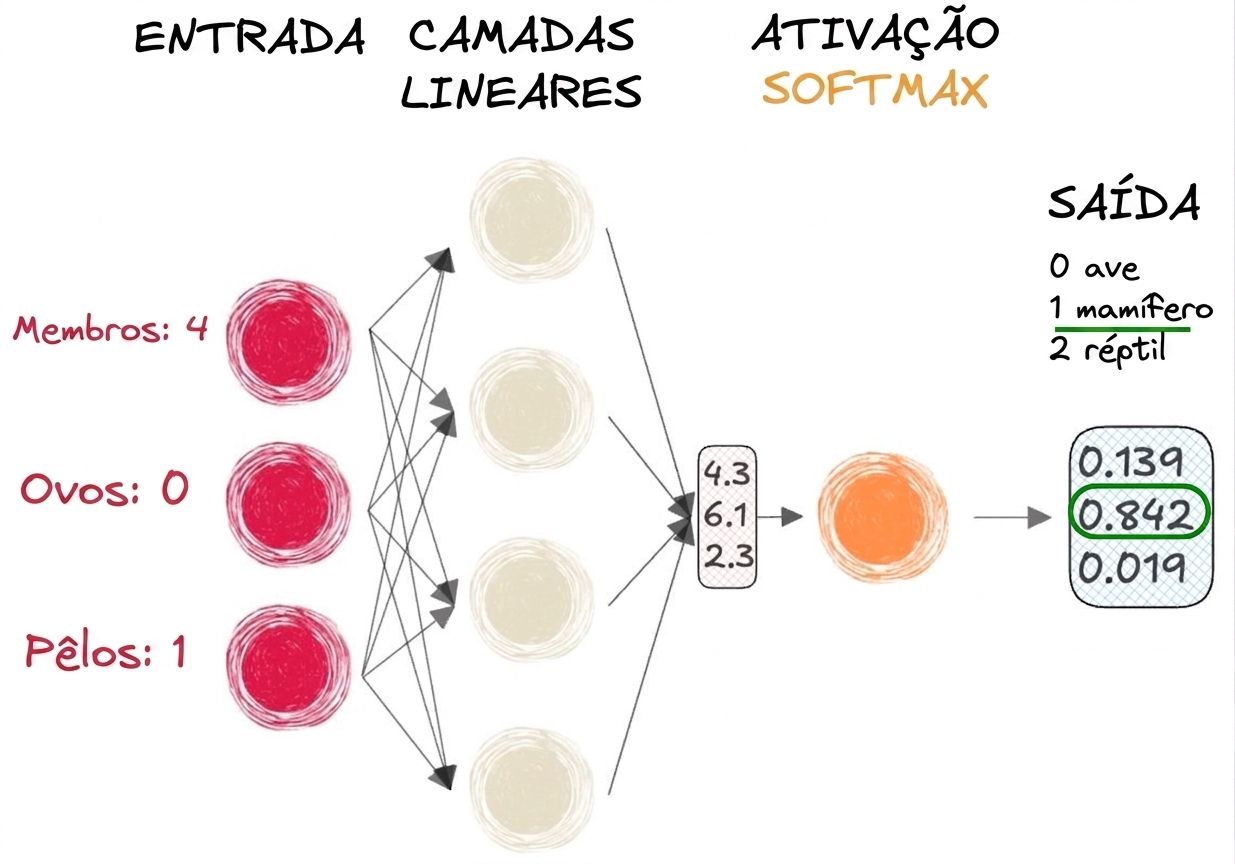 Diagrama de parte de uma rede neural com entradas, um vetor como saída para as camadas lineares, uma função de ativação softmax e uma saída