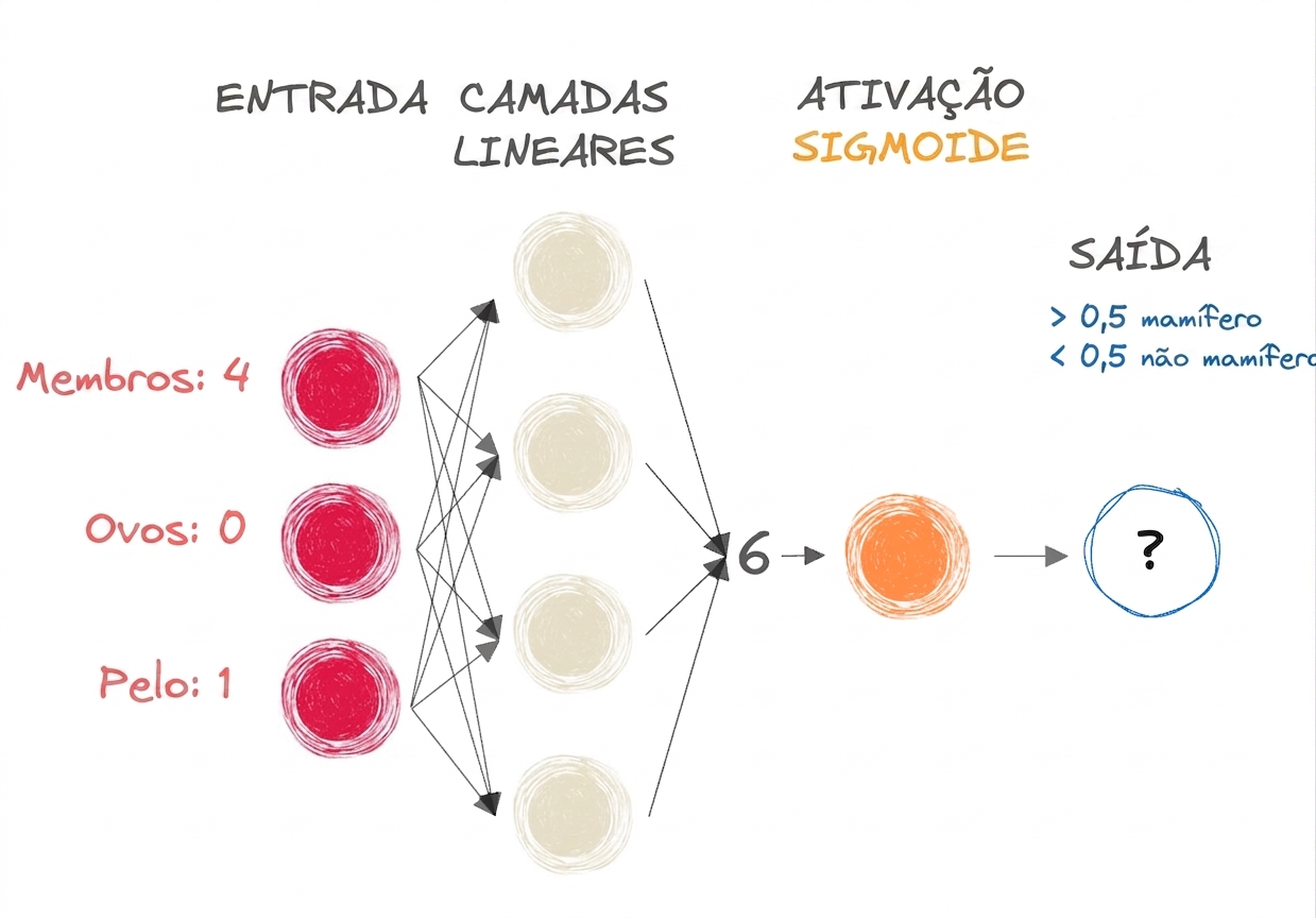 Diagrama de parte de uma rede neural com entradas, o número 6 como saída para as camadas lineares, uma função de ativação sigmoide e uma saída