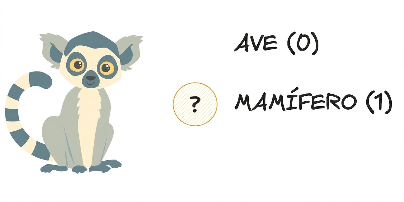 Um lêmure com as opções "ave" e mamífero