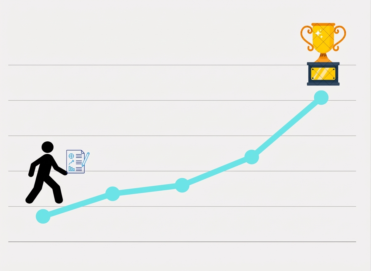 Gráfico de linha em alta, pessoa com relatório de análise subindo pela linha com um troféu no topo.