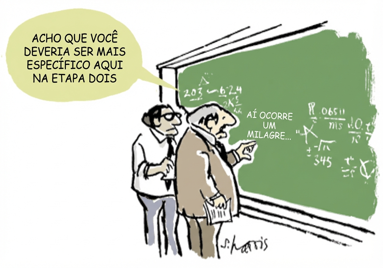 Uma tirinha de dois cientistas explicando equações matemáticas complicadas dizendo: "Então acontece um milagre".