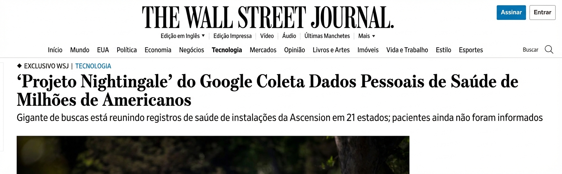 Captura de tela da reportagem do WSJ sobre o Projeto Nightingale do Google