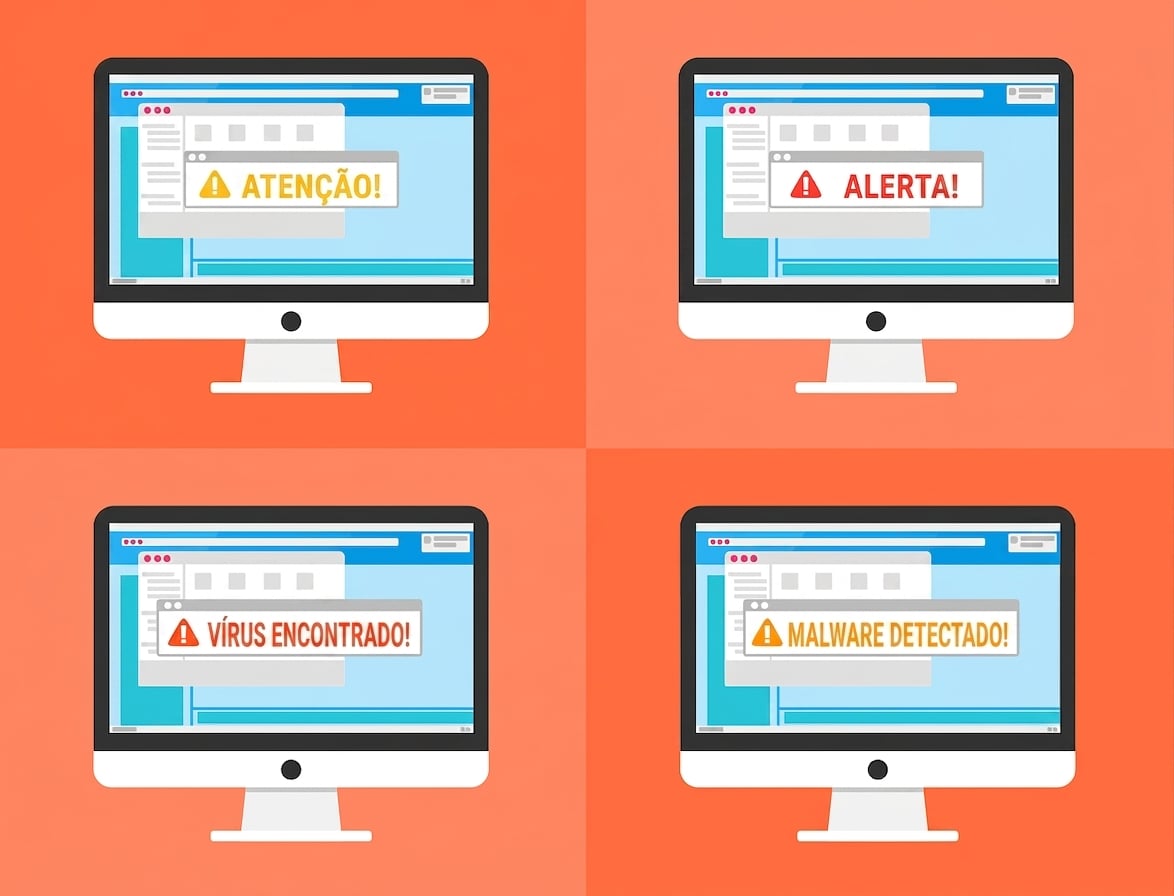 Ilustração de uma violação de segurança com quatro computadores com vários sinais de alarme, como aviso, alerta, vírus encontrado, malware detectado.