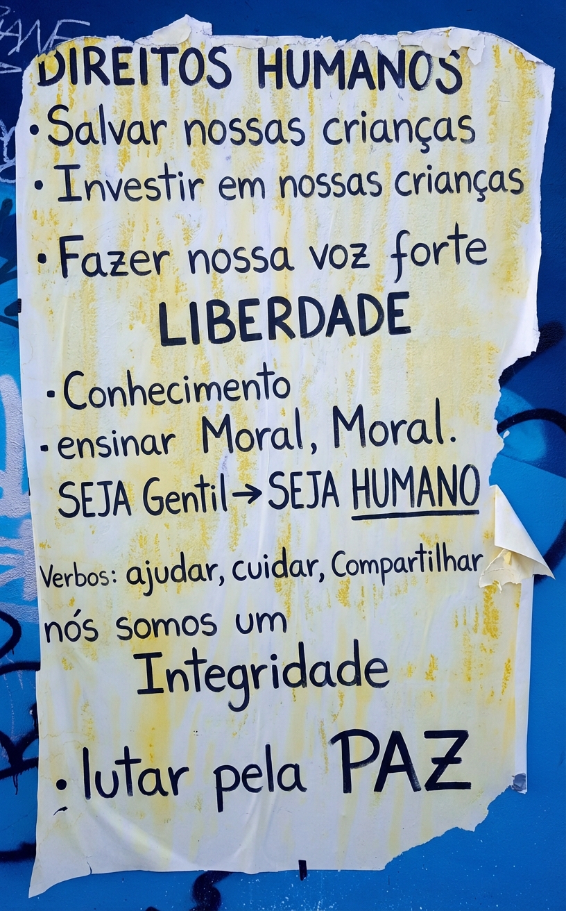 Foto de um pôster rasgado em uma parede com declarações éticas