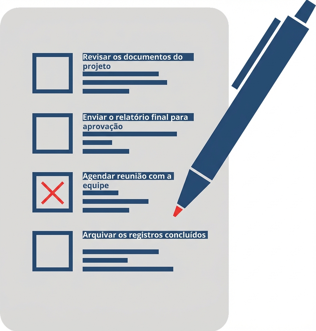 Ilustração de um formulário de consentimento com uma caneta que marca uma caixa com tinta vermelha