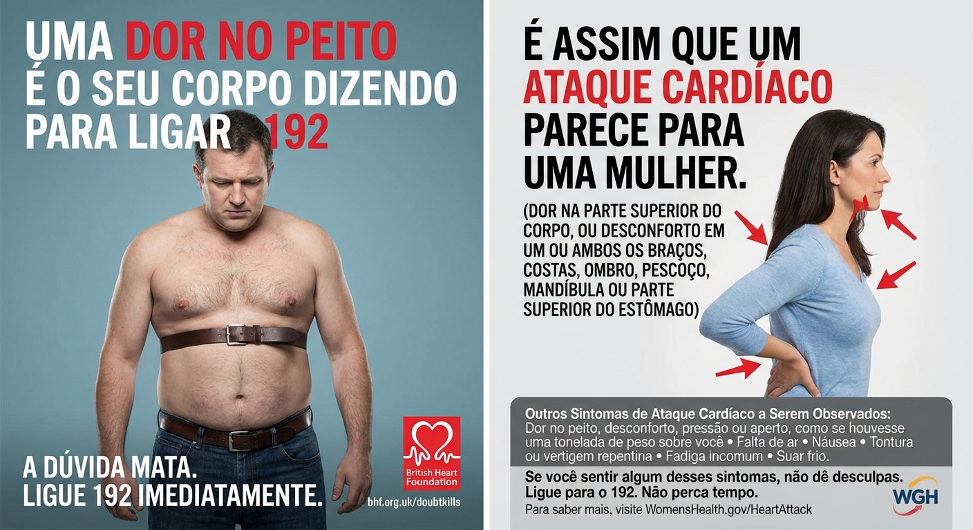 Ilustração dos diferentes sintomas de um ataque cardíaco para um homem com constrição torácica e uma mulher com dor nas costas
