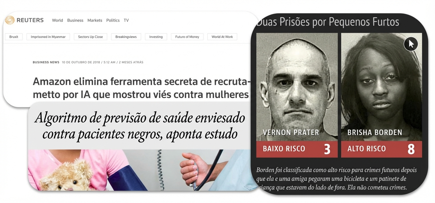 Uma colagem de capturas de tela de notícias sobre discriminação de algoritmos de IA