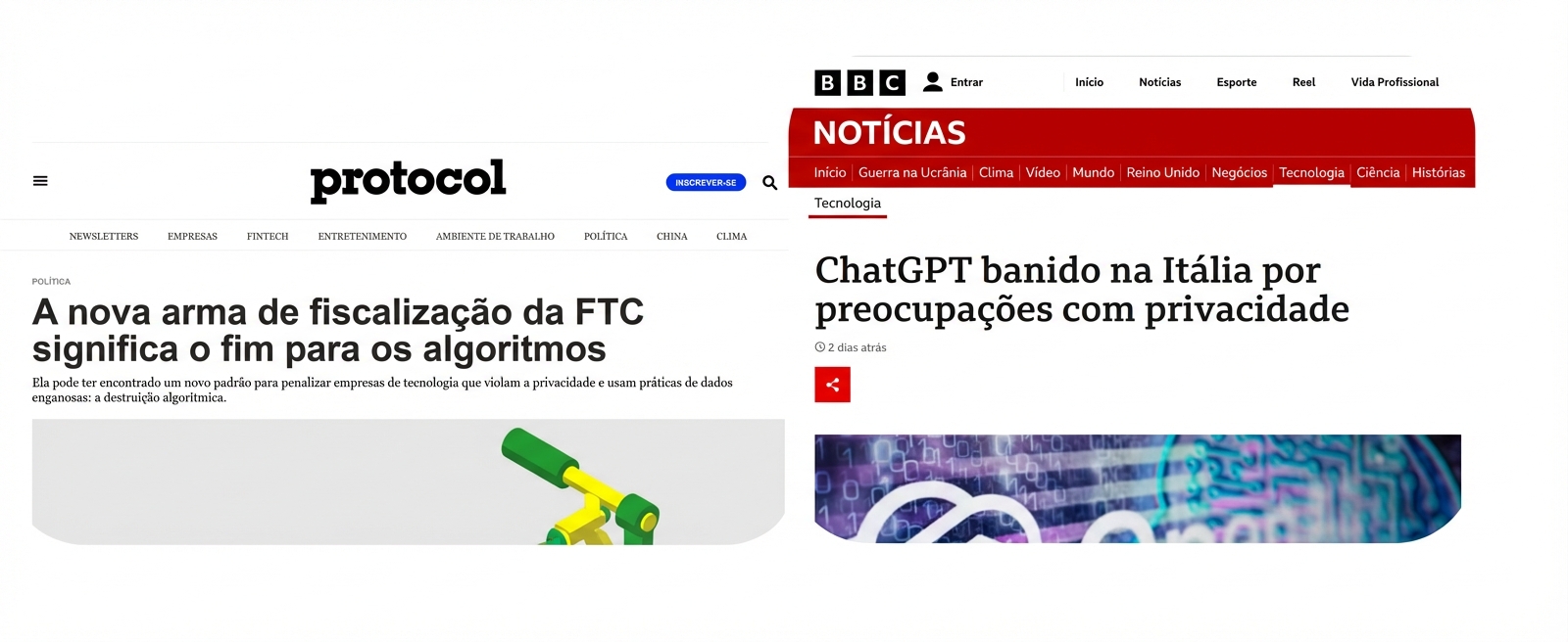 Capturas de tela de notícias que mostram a FTC americana e as autoridades italianas penalizando empresas por práticas negligentes em relação aos dados.