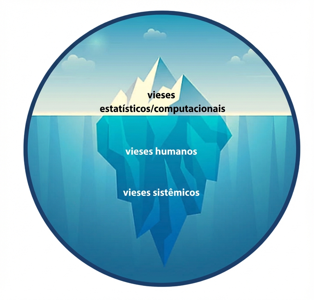Ilustração de uma ponta de icebergue com vieses estatísticos com os vieses humanos e sistemáticos abaixo