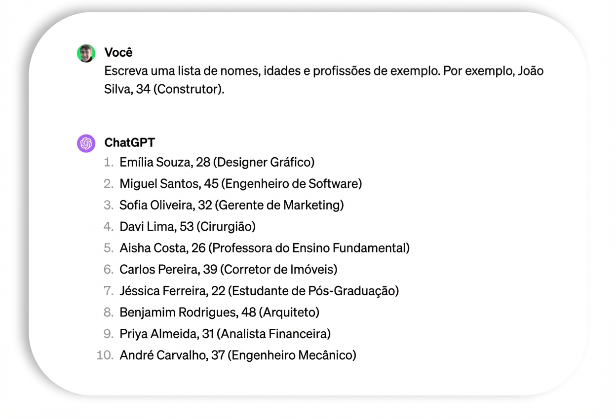 Prompt e resposta com exemplos de nomes e profissões.
