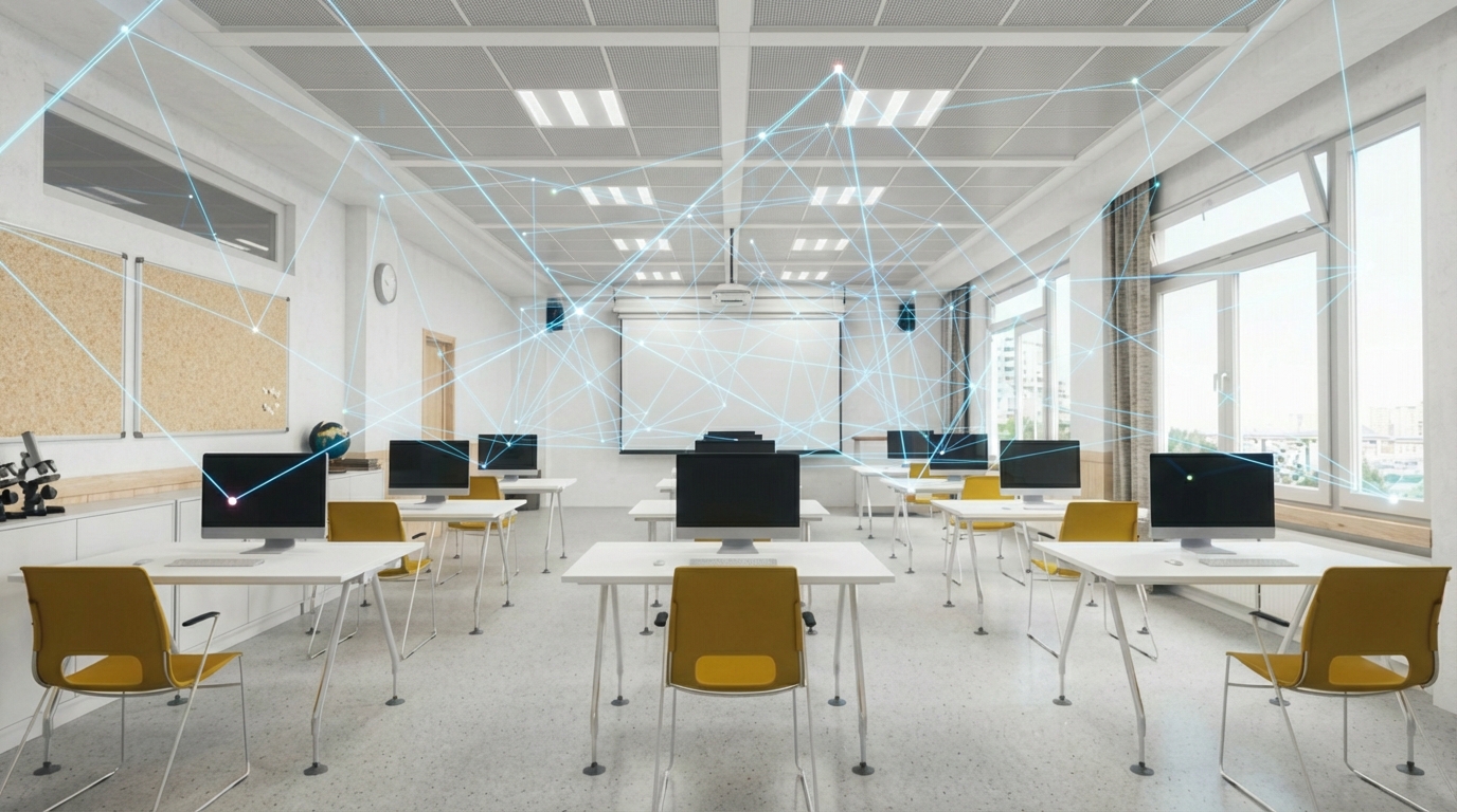 Imagem de uma sala de aula moderna