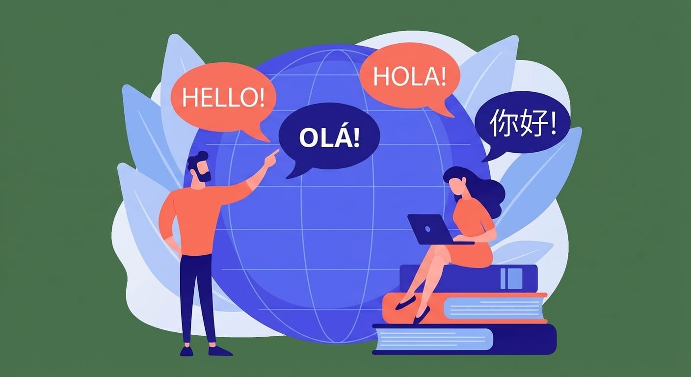 Ilustração de duas pessoas e “olá” escrito em várias línguas