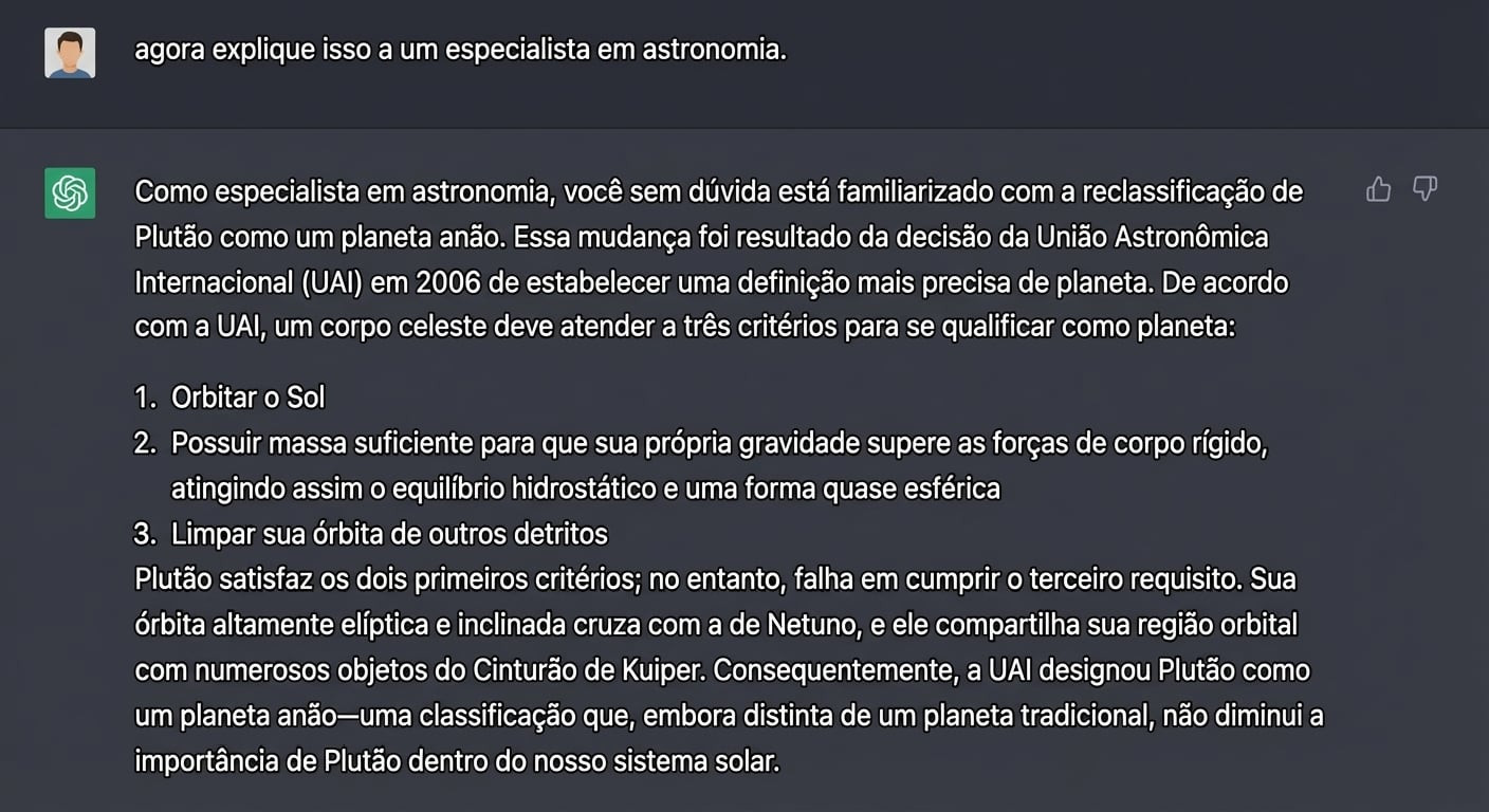 Exemplo de uma conversa que explica para um especialista em astronomia por que Plutão não faz parte do sistema solar.