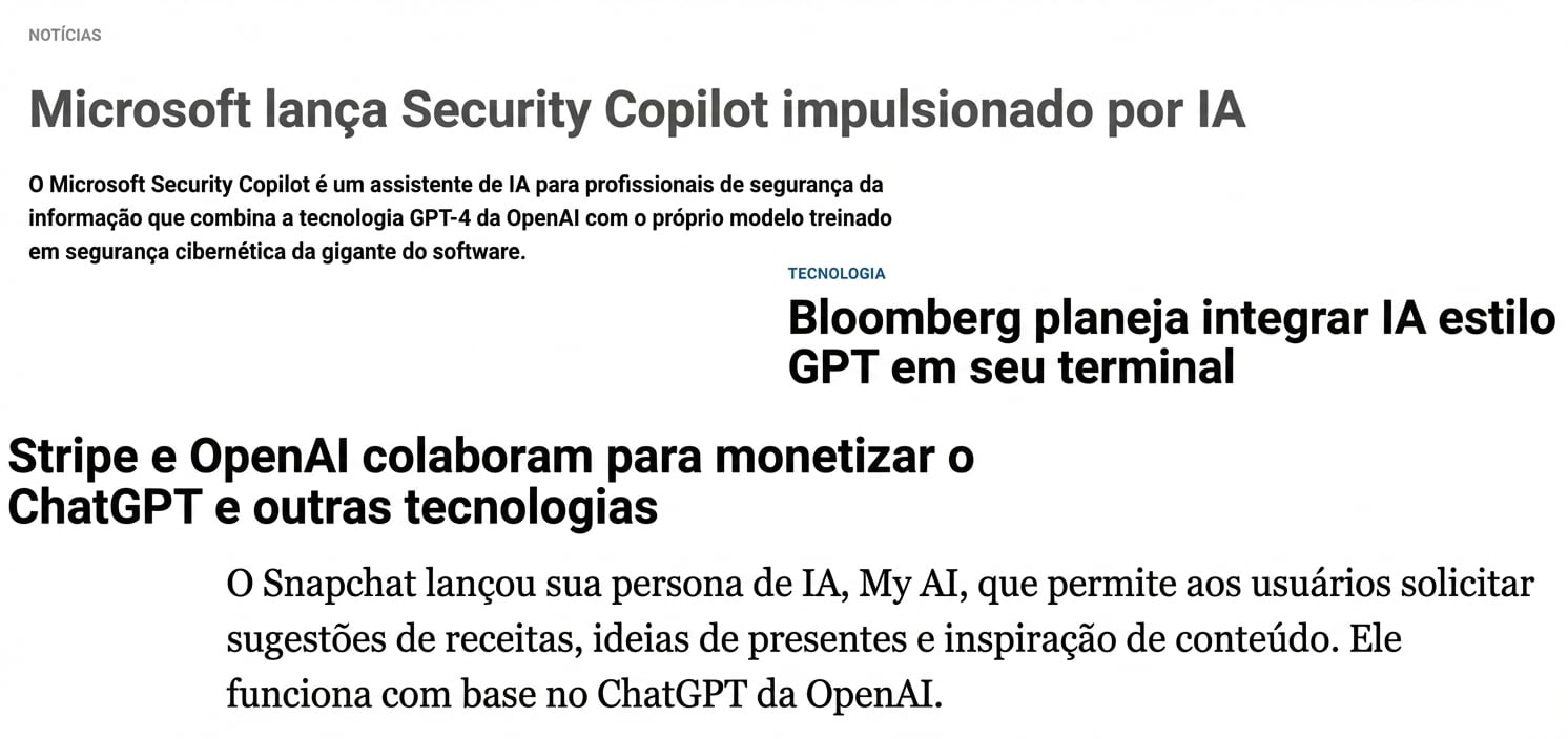 Imagem que mostra artigos sobre empresas correndo para aproveitar os LLMs.