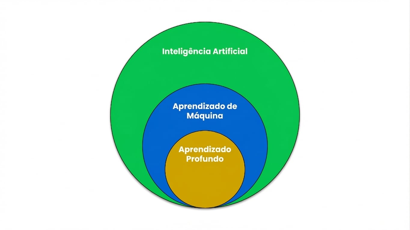 Diagrama de Venn mostrando que o aprendizado de máquina é um subconjunto da inteligência artificial e que o aprendizado profundo é um subconjunto do aprendizado de máquina.