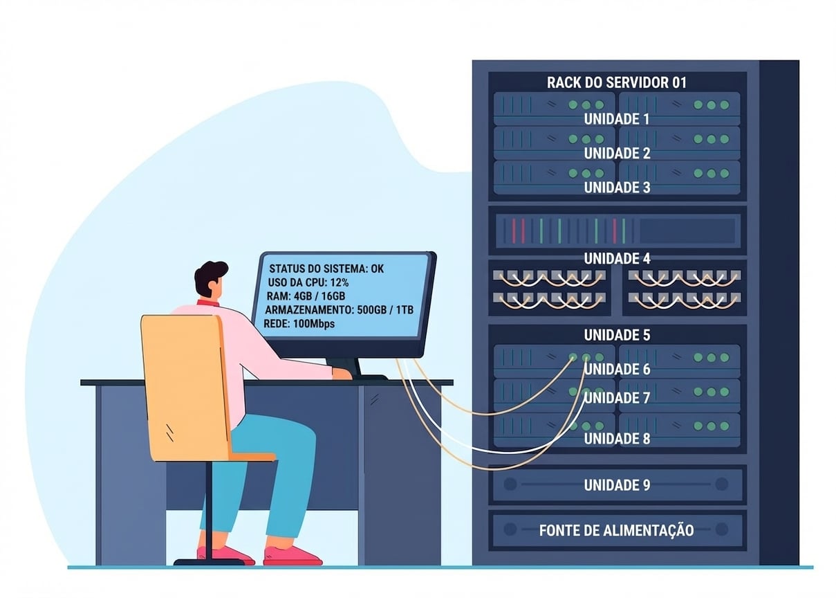 Homem trabalhando em um computador conectado a um servidor grande