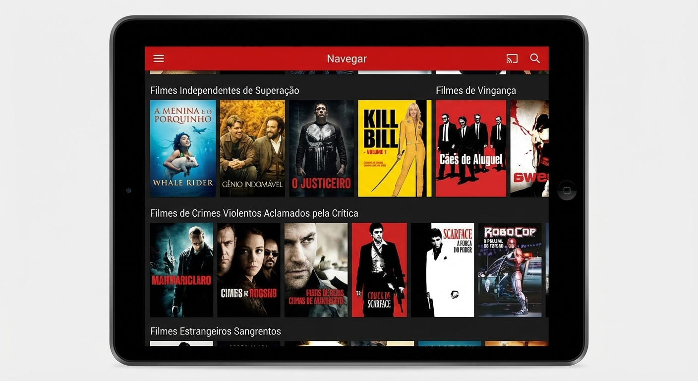 Imagem de um tablet com recomendações de filmes baseadas em IA