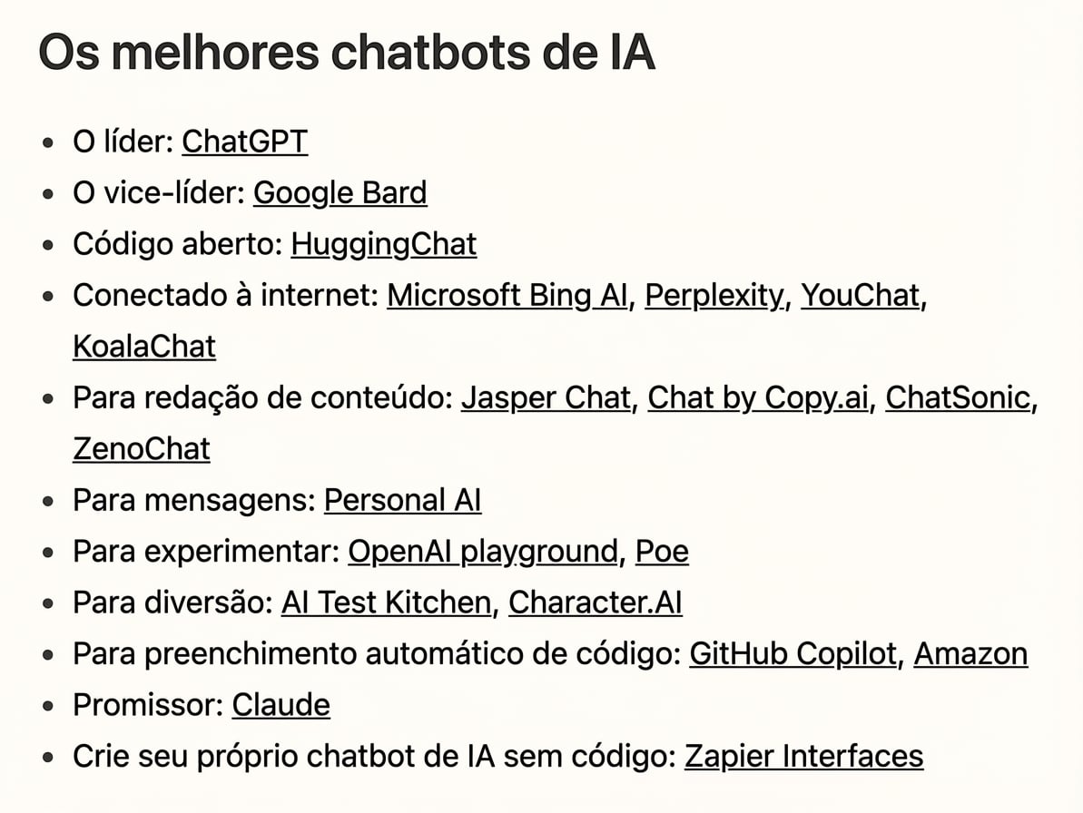 Artigo que lista os melhores LLMs de IA de 2023