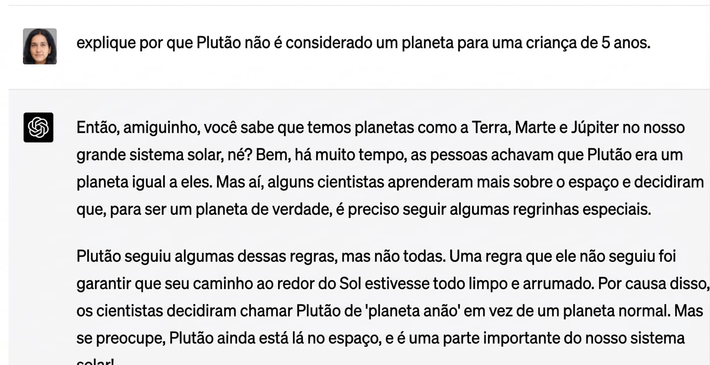 Exemplo de uma conversa que explica para uma criança de 5 anos por que Plutão não faz parte do sistema solar.