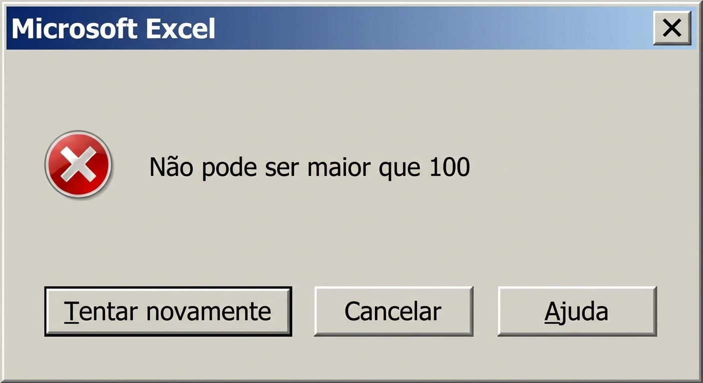 Exemplo de regra de validação configurada na coluna de nota do teste, aceitando apenas valores entre 0 e 100.