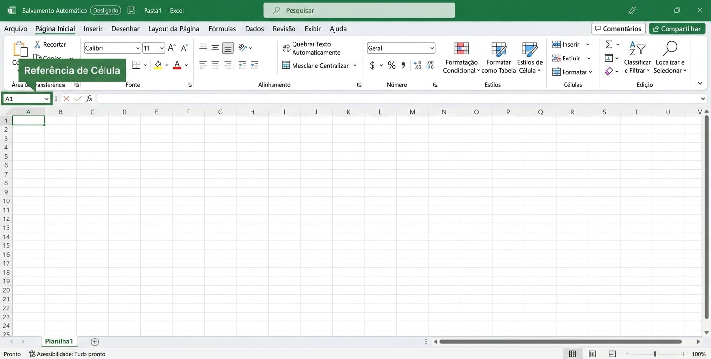 Arquivo do Excel destacando a referência de célula