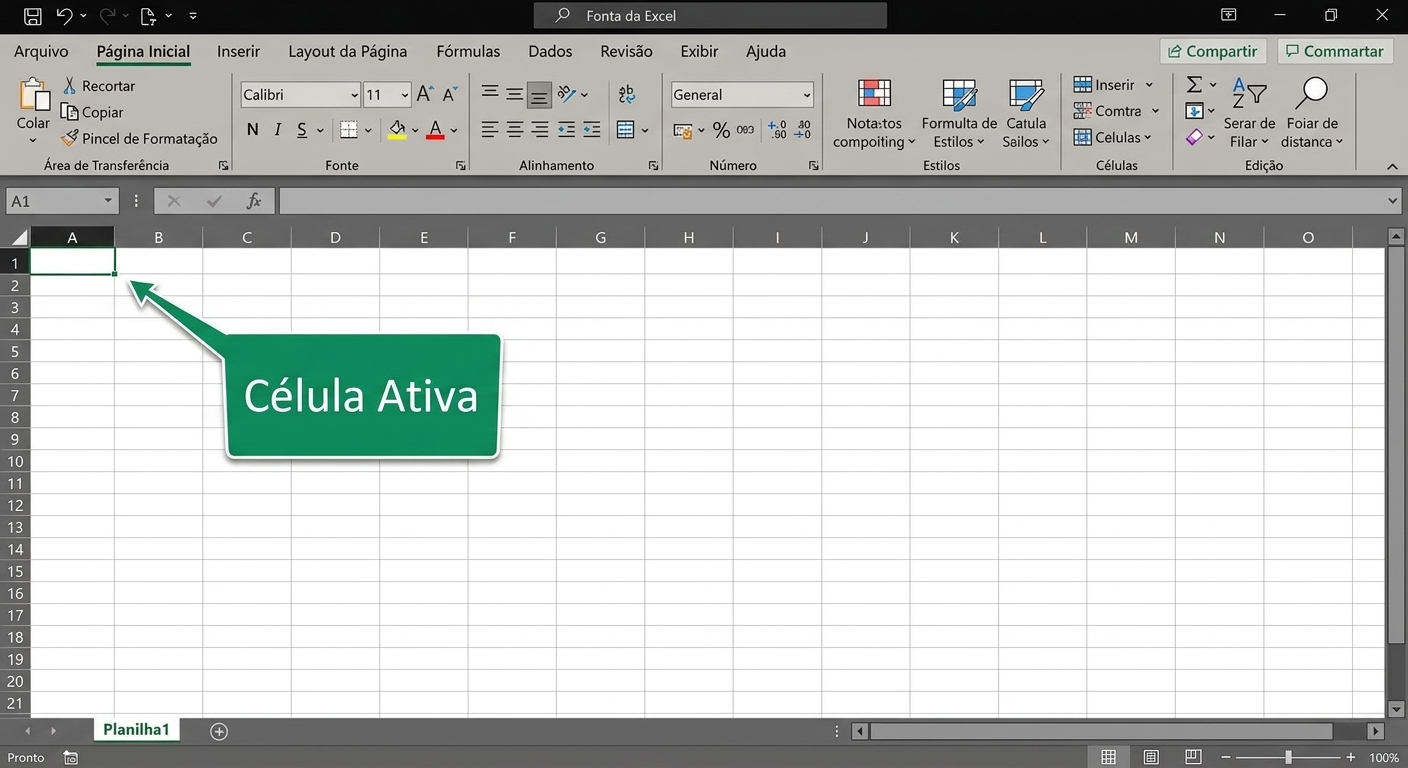 Arquivo do Excel destacando a célula ativa
