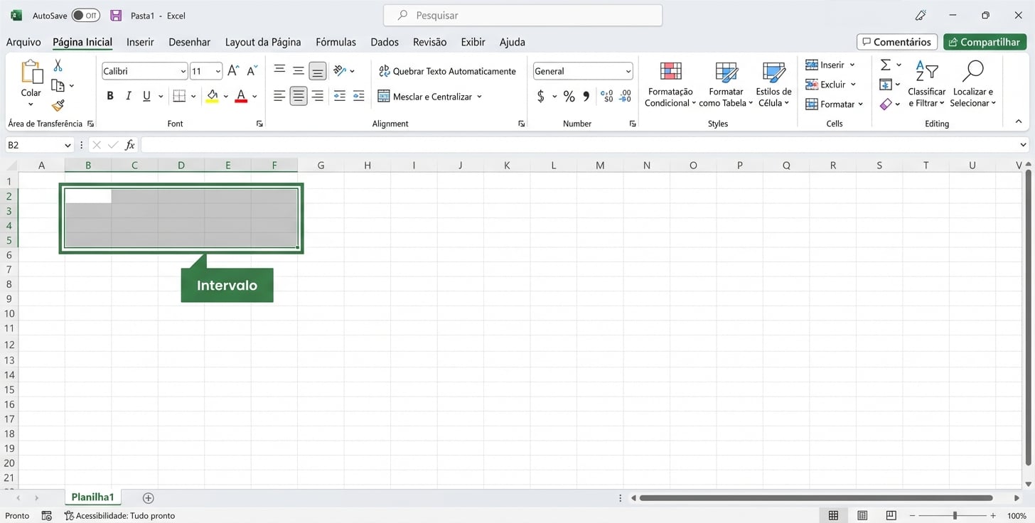 Arquivo do Excel destacando uma seleção de intervalo