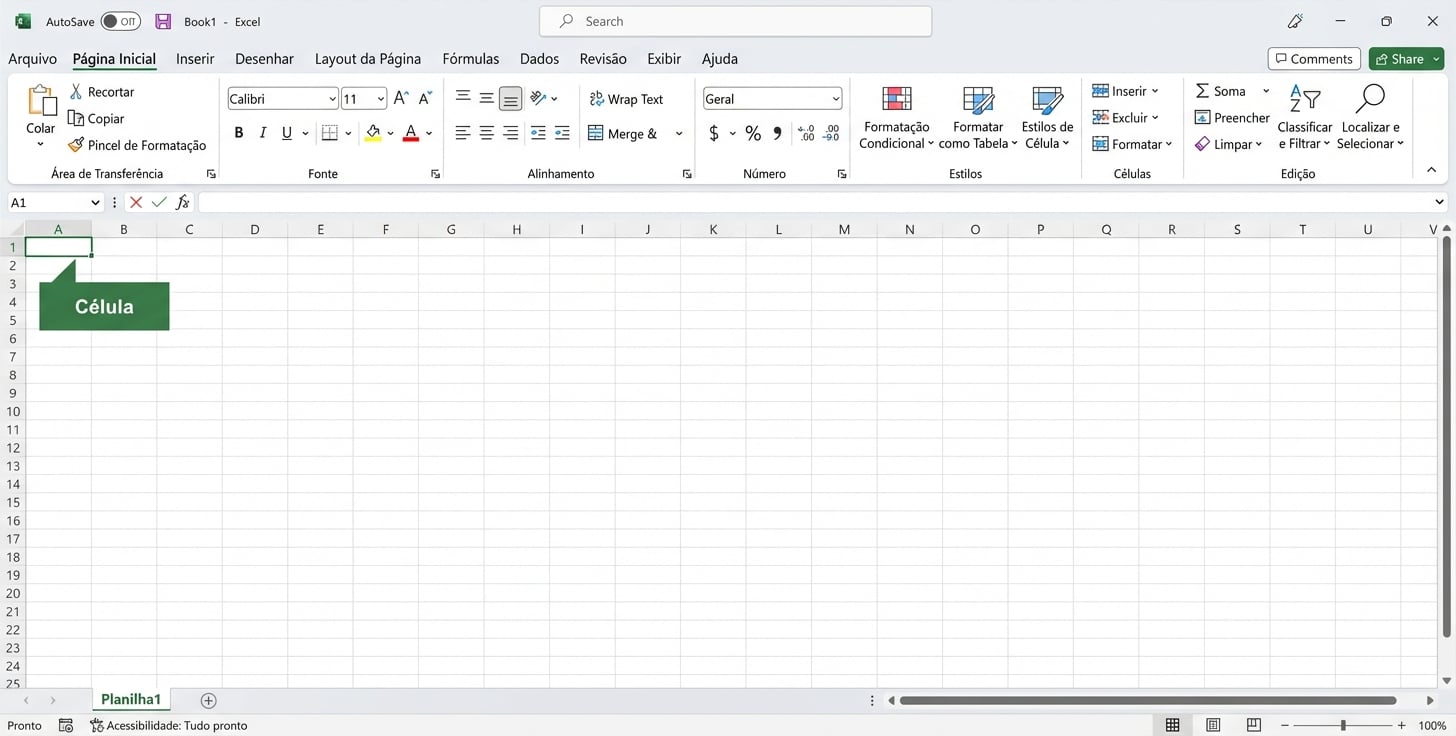 Arquivo do Excel destacando uma célula