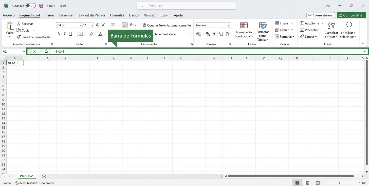 Arquivo do Excel destacando a barra de fórmulas